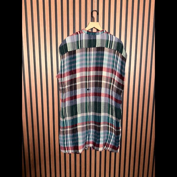 Holding Horses Shirt Dress XL Womens Gauze Knit Front Pocket Plaid Collarless - Picture 2 of 6